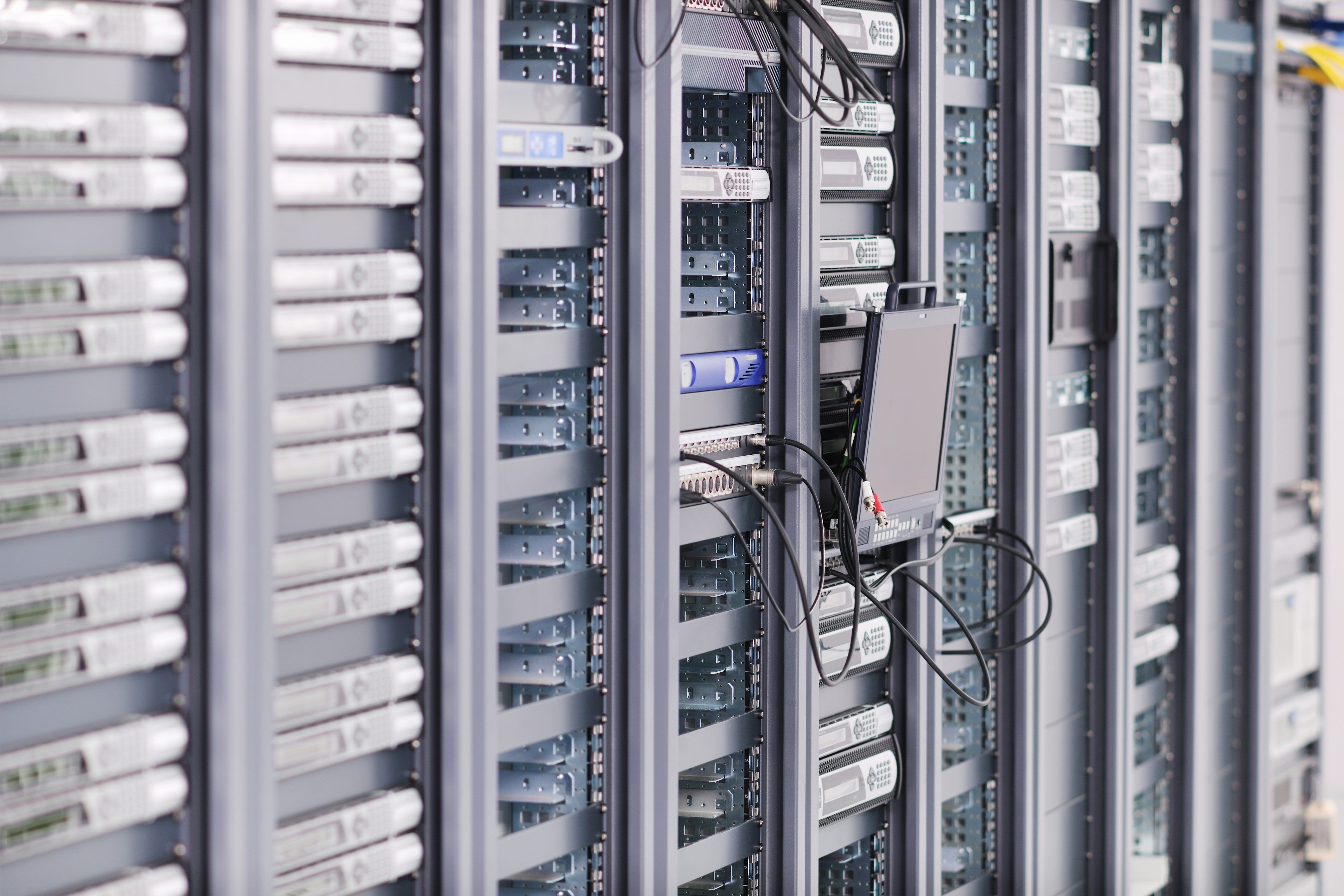 internet network server room with computers racks and digital receiver