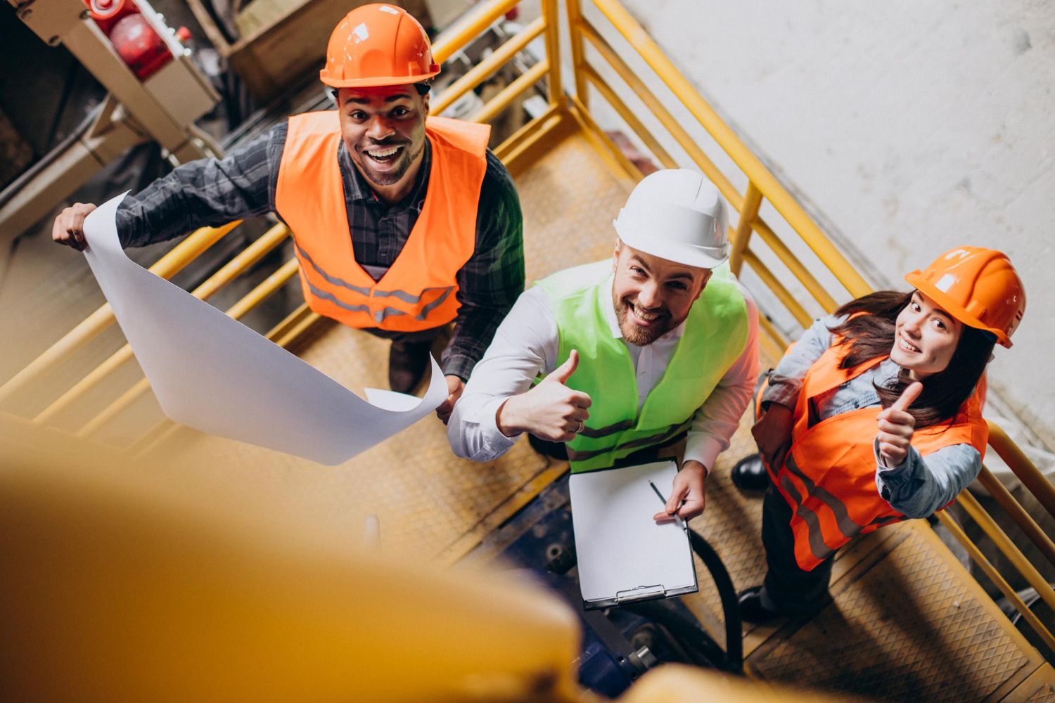 Workers inspecting a building